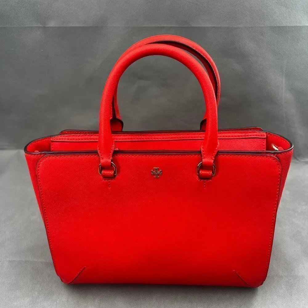 Tory Burch Poppy Orange Zip Emerson Saffiano Leather Satchel